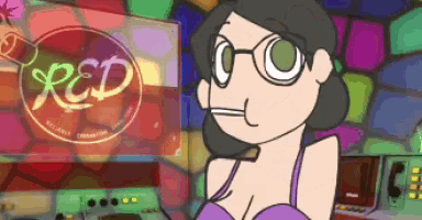 a cartoon of a woman smoking a cigarette in front of a red sign