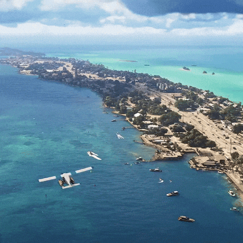 an aerial view of a body of water with boats and planes