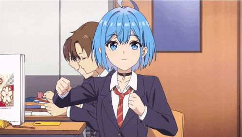 a girl with blue hair and a choker is sitting at a desk