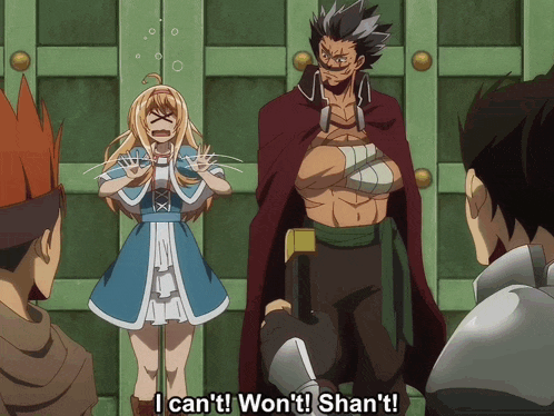 a man in a red cape says " i can 't won 't shan 't " in front of a girl