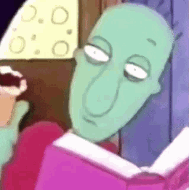 a cartoon character is reading a book with his eyes closed .
