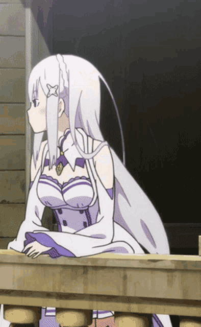 a girl with long white hair and a purple dress is sitting on a balcony