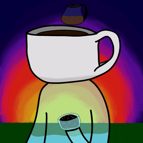 a cartoon drawing of a cup of coffee with a pitcher on top