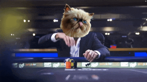 a man in a suit playing poker with a cat 's head on his head