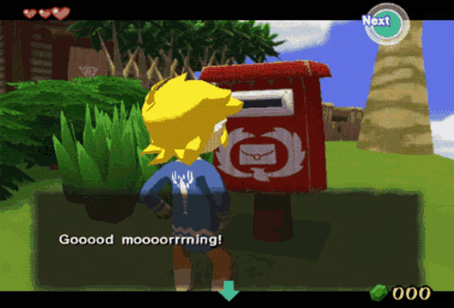 a cartoon character standing next to a red mailbox that says gooood moooorrhing