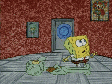 a cartoon of spongebob and squidward in front of a door