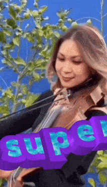 a woman playing a violin with a purple sign that says super
