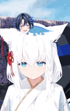 a girl with white hair and blue eyes is standing next to a boy with black hair and blue eyes
