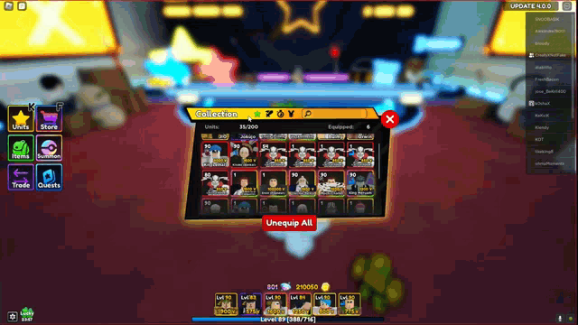 a screenshot of a video game with the word unequip all on the bottom