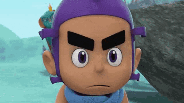 a close up of a cartoon character with a purple hat
