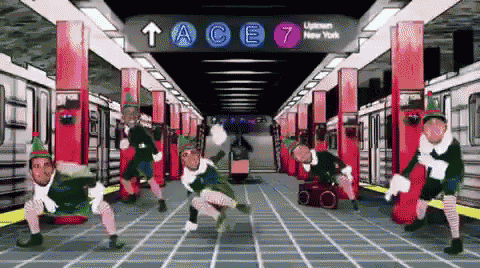 a group of elves are dancing in a subway station with an ace 7 sign in the background