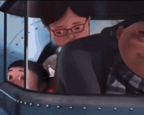 a cartoon of a man wearing glasses looking out of a plane window