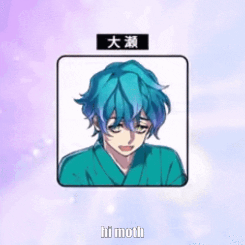 a picture of a boy with blue hair and the words `` hi moth '' written on it .