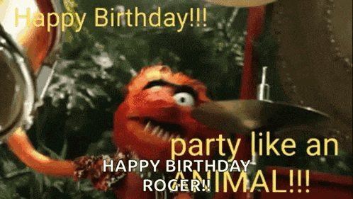 a picture of a muppet playing drums with the words happy birthday party like an animal !!!