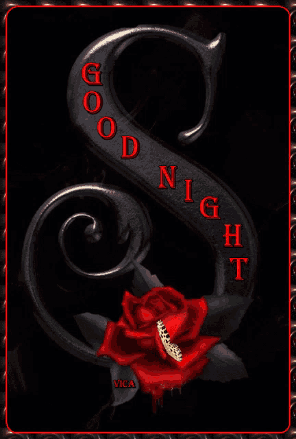 a black letter s with a red rose and a butterfly says good night