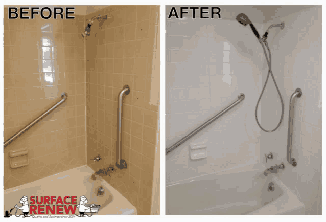 a before and after picture of a bathtub with the words surface renew
