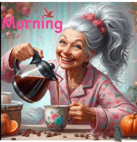 a painting of an elderly woman pouring coffee into a cup with the caption morning
