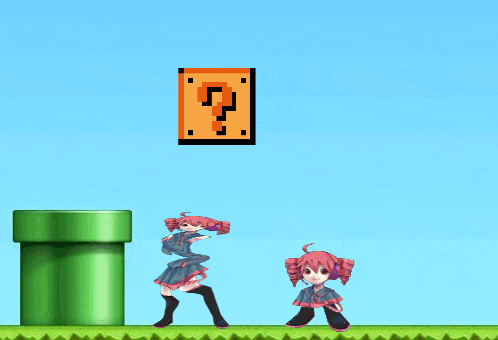 a mushroom and a girl are stacked on top of each other next to a green pipe