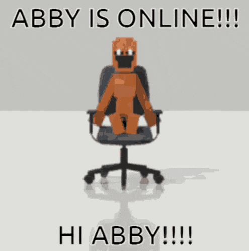 a cartoon of a teddy bear sitting in an office chair says abby is online hi abby