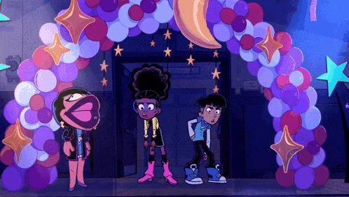 three cartoon characters are standing in front of a purple balloon arch