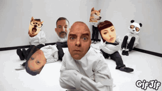 a group of people in straitjackets with their faces on them and the word gif written below them