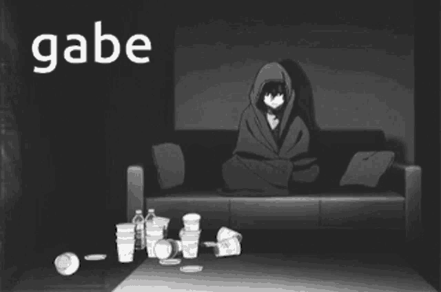 a black and white photo of a person laying on a couch with the word gabe in white letters