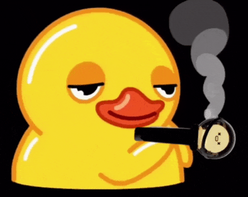 a yellow rubber duck is smoking a cigar with smoke coming out of it