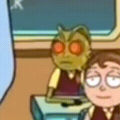 a cartoon character with red eyes is sitting next to another cartoon character .