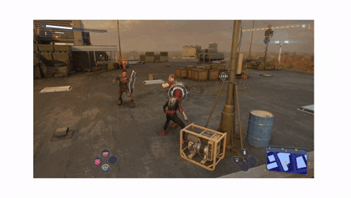 a screenshot of a video game shows a man with a shield