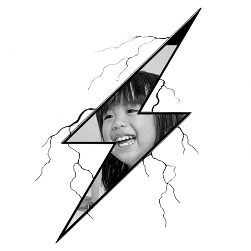 a black and white drawing of a girl with a lightning bolt around her head