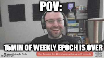 a man wearing headphones is smiling and says 15min of weekly epoch is over ..