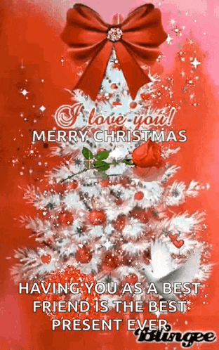 a merry christmas card with a christmas tree and a red bow on it .