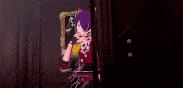two anime characters standing next to each other in front of a framed picture