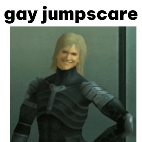 a picture of a man with a caption that says gay jumpscare