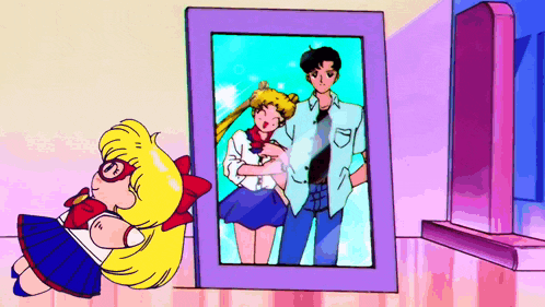 a cartoon character is sitting next to a picture of sailor moon