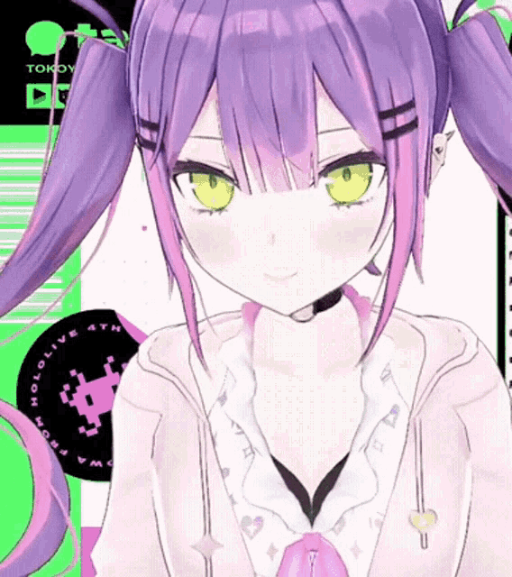 a girl with purple hair and yellow eyes is wearing a choker .