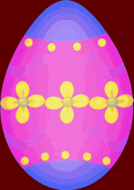 a blue and pink easter egg with yellow flowers on it