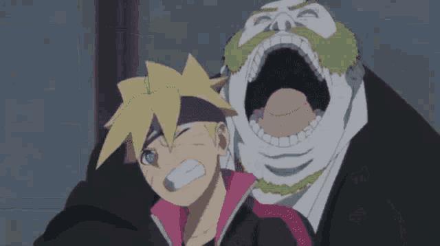 a cartoon character with a large mouth is standing next to another character