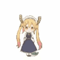 a cartoon drawing of a little girl with long hair and horns standing on a white background .