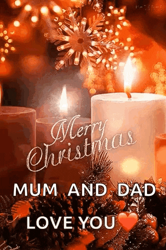 a merry christmas mum and dad love you card with candles and pine cones