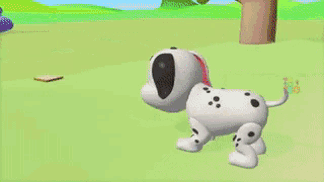 a cartoon dog is standing in a field with trees and a house in the background .