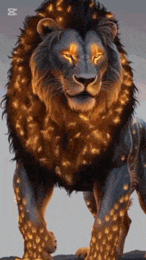a painting of a lion with glowing eyes standing on a rock