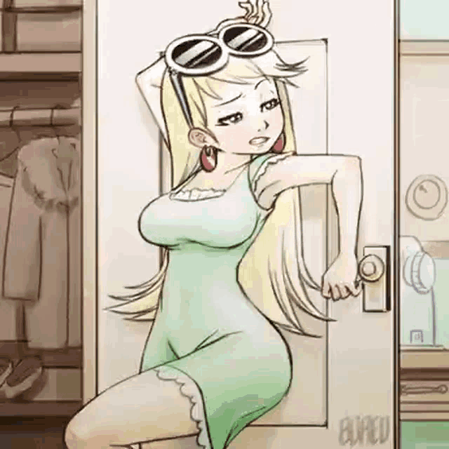 a cartoon of a woman in a green dress and sunglasses standing in a doorway .