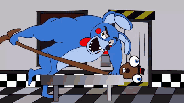 a cartoon of a blue bunny holding a stick over another bunny