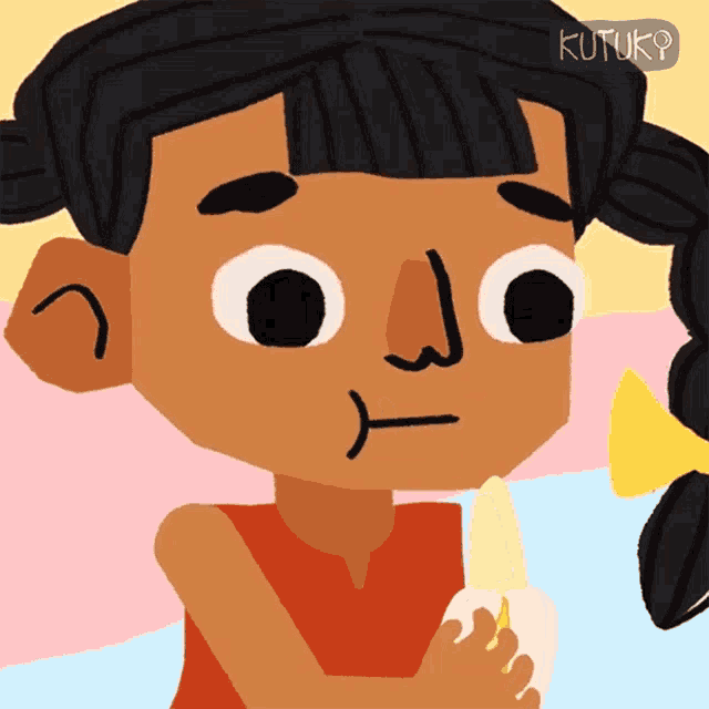 a cartoon drawing of a girl eating a banana with kutuk written on the bottom right