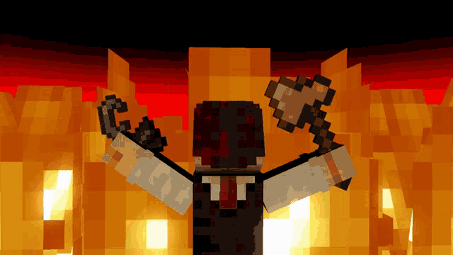 a minecraft character is holding a hammer and a key