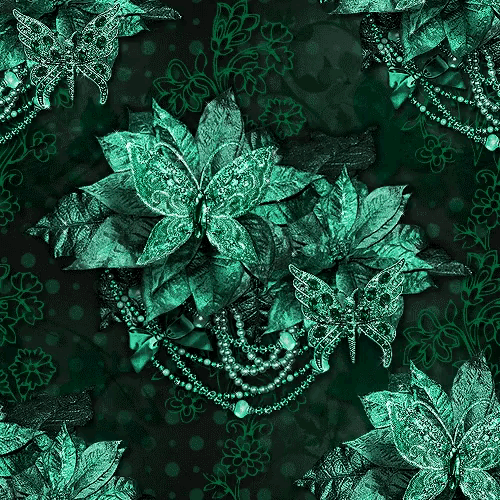 a seamless pattern of green flowers and butterflies on a black background