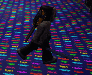 a person walking with a sword and a sniper rifle on a colorful floor