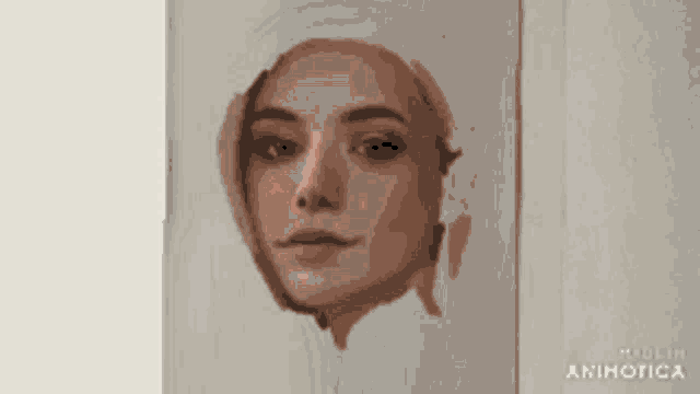 a close up of a painting of a woman 's face on a white background .