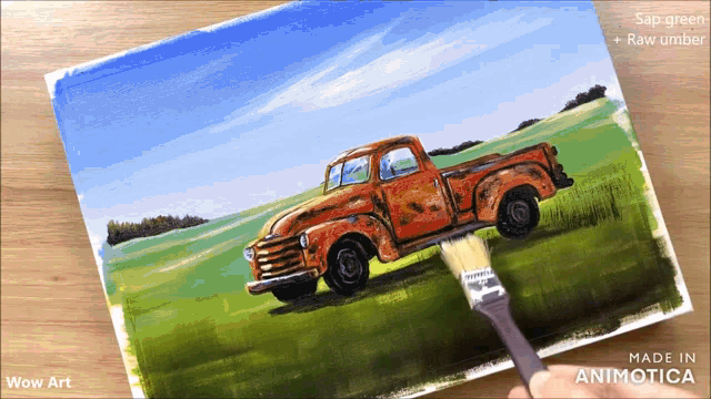 a painting of an old rusty truck is being painted with a brush